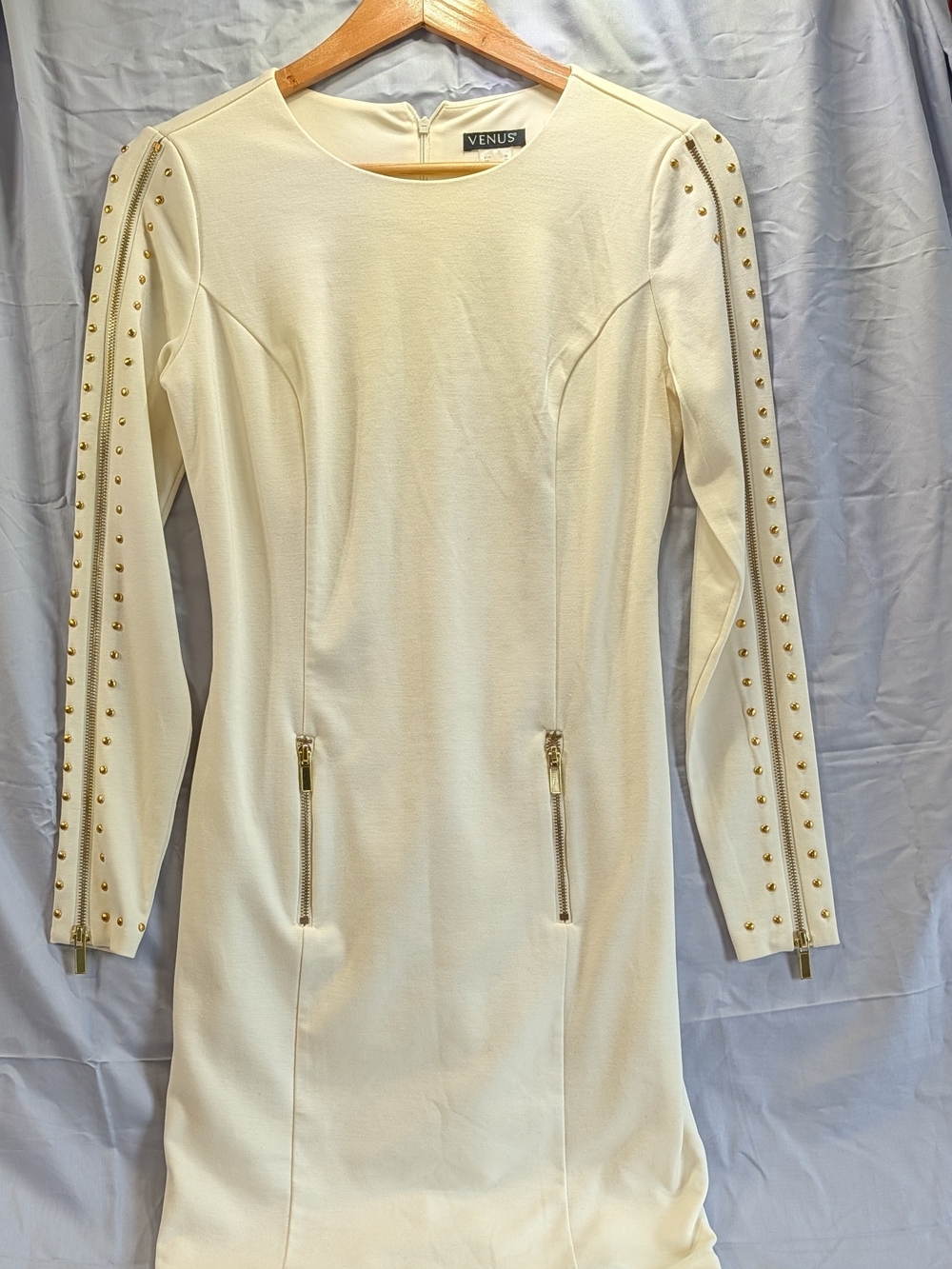 VENUS Cream Zipper Long Sleeve Gold Studded Detailed Sheath Dress Size Small 4